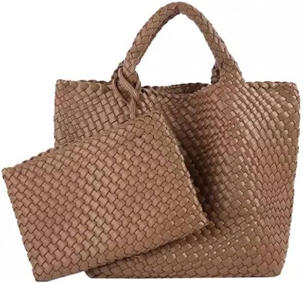 Spring & Summer Handmade Woven Tote Handbag, Vegan Leather, Khaki, Light Brown, Black | Amazon (US)