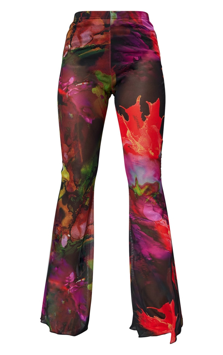 Pink Abstract Floral Print Sheer Mesh High Waist Flared Pants | PrettyLittleThing US