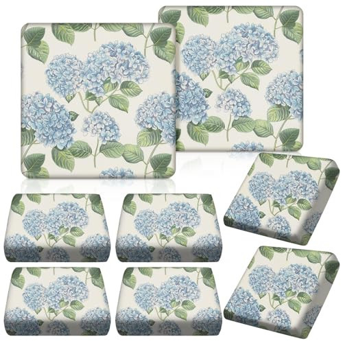 Hosuly 8 Pcs Summer Hydrangea Sofa Cushion Cover for Patio Spring Floral Stretch Outdoor Sofa Seat Cushions Covers Blue Hydrangea Flower Indoor Replacement Couch Slipcover Flexibility Chair Seat Cover | Amazon (US)