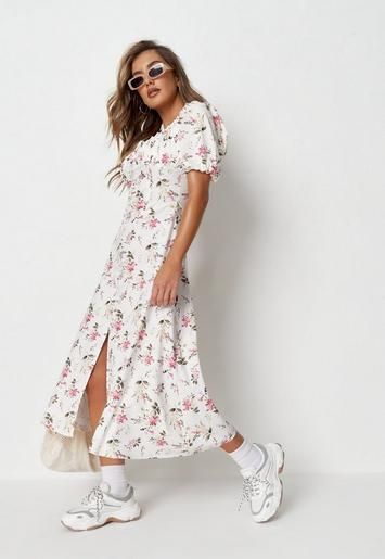 White Floral Milkmaid Button Front Midi Dress | Missguided (US & CA)