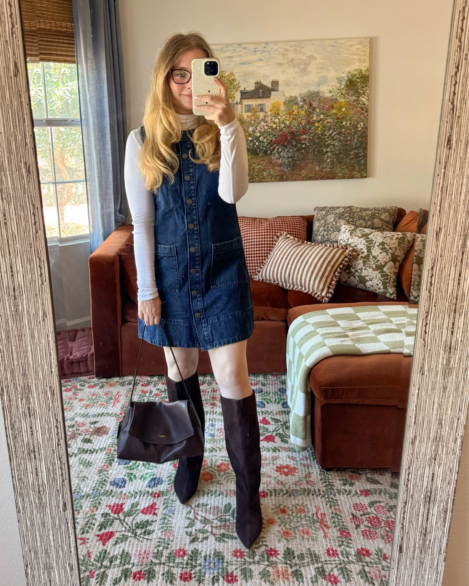 a little retro inspired fall outfit💙 love this denim dress! tts, wearing my normal small in all. boots tts and comfy!

#LTKSeasonal #LTKSaleAlert #LTKootd