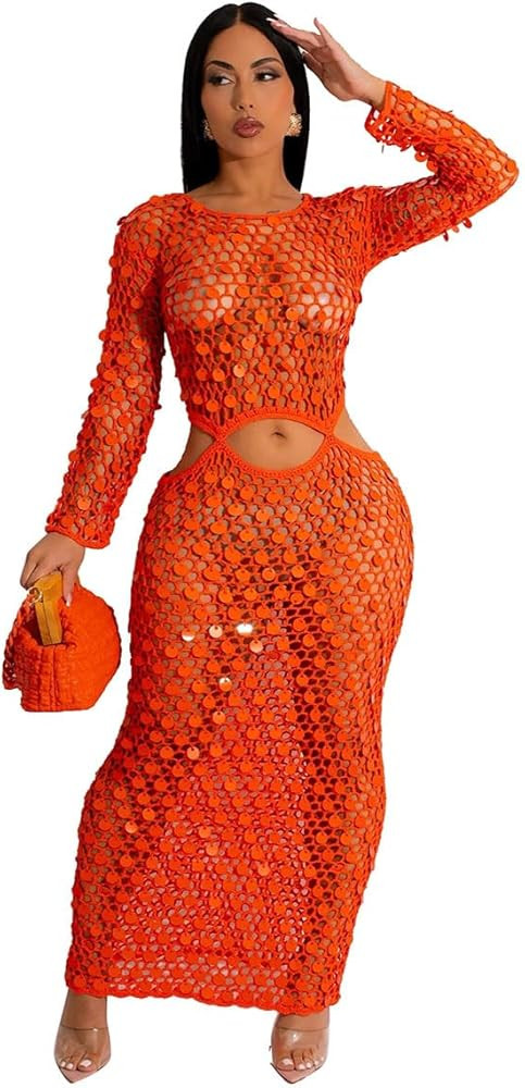 RanRui Women Sexy Long Sleeve Sequin Crochet Maxi Dress Cold Tummy Beach Cover Handmade Knitted H... | Amazon (US)