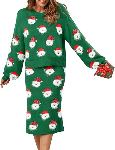 Women's Cute Ugly 2 Piece Christmas Sweaters Slit Skirt Set Fluffy Santa Xmas Holiday Lantern Sle... | Amazon (US)