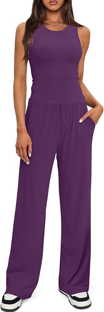Darong Women's 2 Piece Lounge Sets Sleeveless Tank Tops Wide Leg Pants Sets Tracksuits Matching O... | Amazon (US)