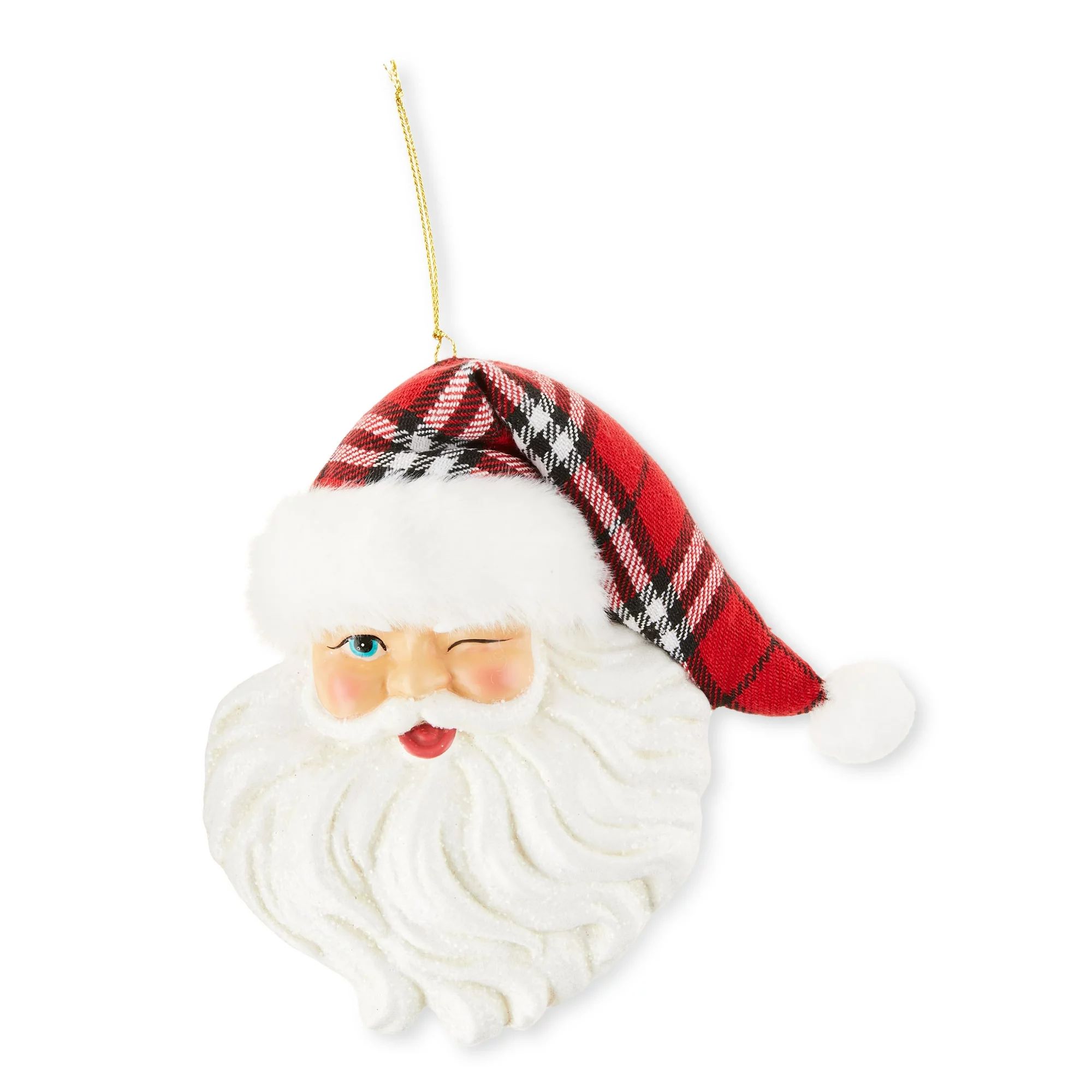 Plaid Hat Santa Head Ornament, Joyful Peace Theme, White & Red Color, 0.115kg, by Holiday Time | Walmart (US)