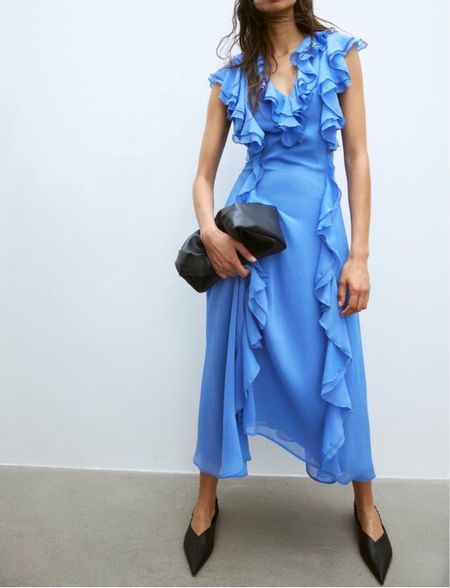 Blue ruffle maxi dress - wedding guest dress 

#LTKstyletip #LTKfindsunder100 #LTKSeasonal