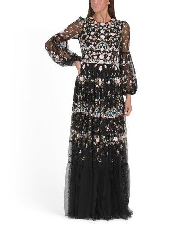 Long Sleeve Floral Embroidered Gown | Formal Dresses | Marshalls | Marshalls