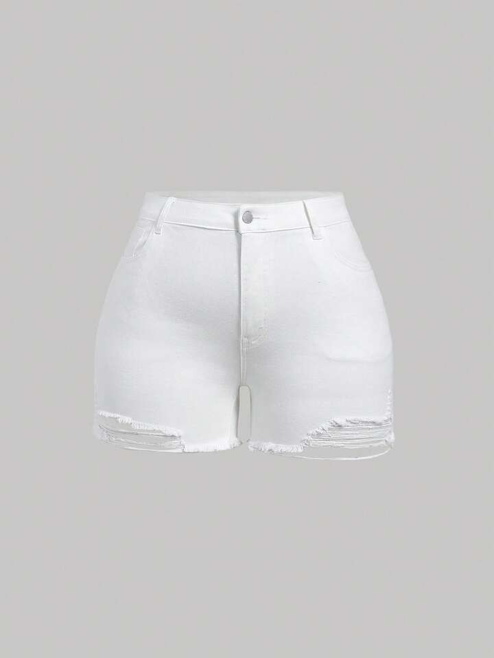 SHEIN EZwear Plus Size Women's Denim Shorts, Skinny Fit Stretchy Ripped Casual Blue | SHEIN