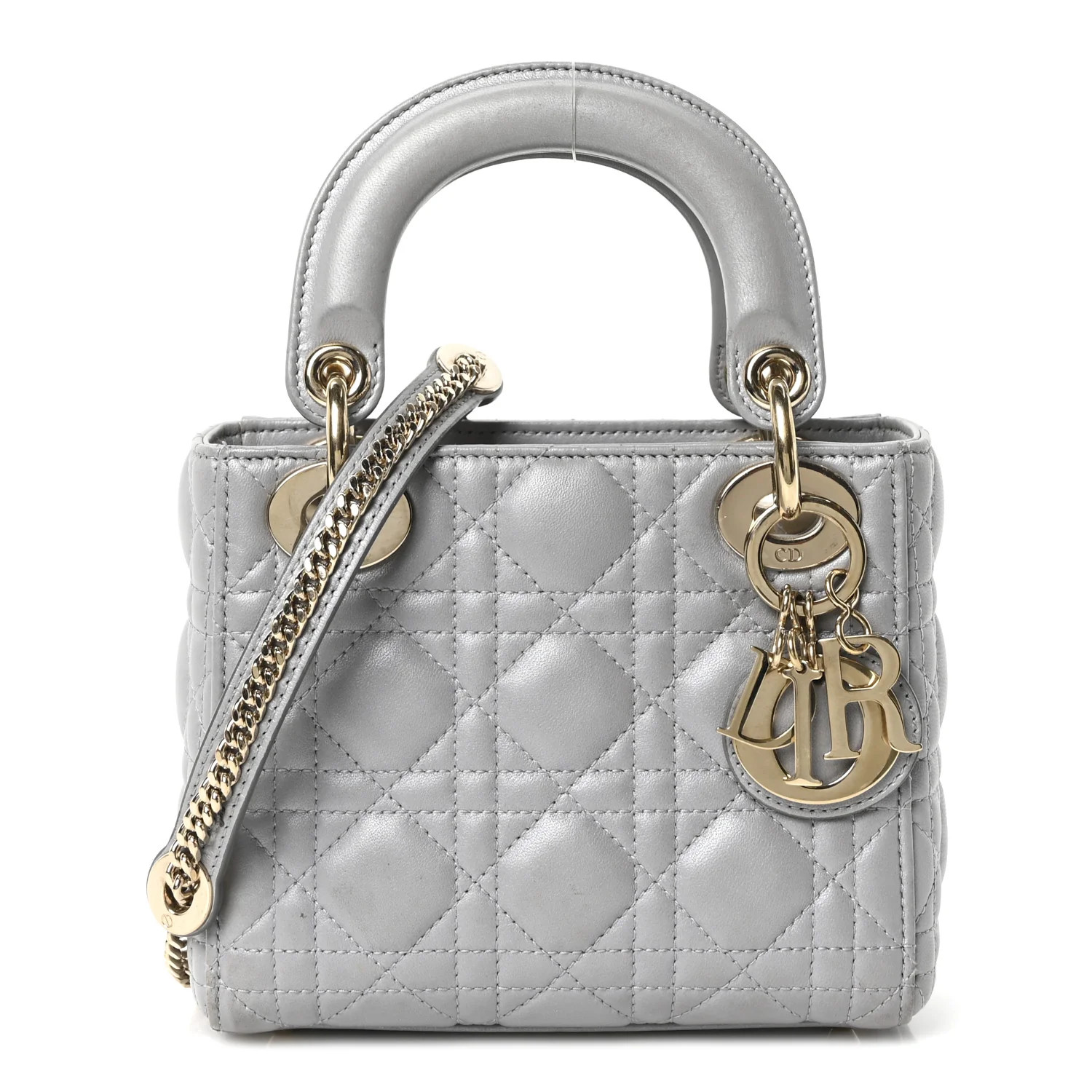 Metallic Lambskin Cannage Mini Lady Dior Gray | FASHIONPHILE (US)
