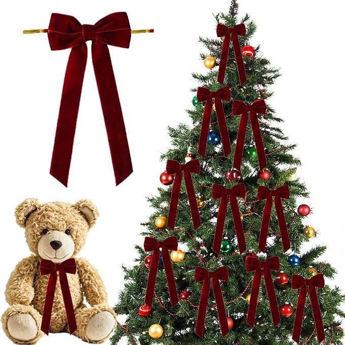 24 PCS Burgundy Christmas Tree Bows - Festive Red Bows for Christmas Tree Decoration, Wreaths, Ga... | Amazon (US)