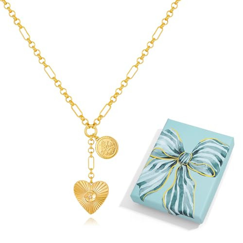 LILIE&WHITE Gold Heart Necklace For Women Gold Heart Pendant Necklace With Flower Gold Chain Link Necklace Fashion Chic Chunky Gold Necklace Coin Necklace Gift | Amazon (US)