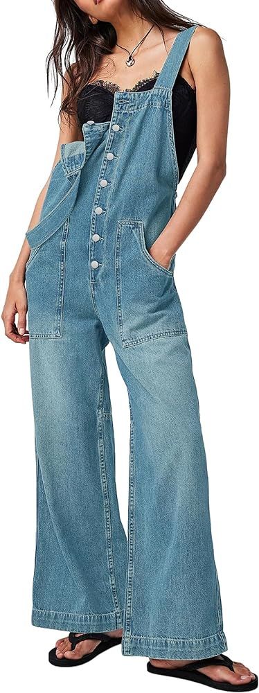 PLNOTME Women's Casual Denim Overalls Loose Button Up Adjustable Strap Baggy Wide Leg Jeans Overa... | Amazon (US)