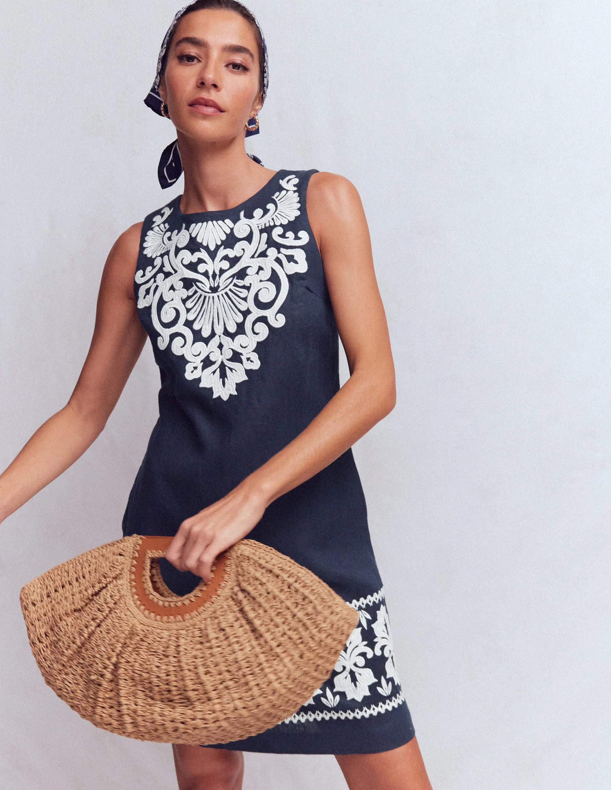 Linen Shift Dress-Navy Embrodiery | Boden (US)
