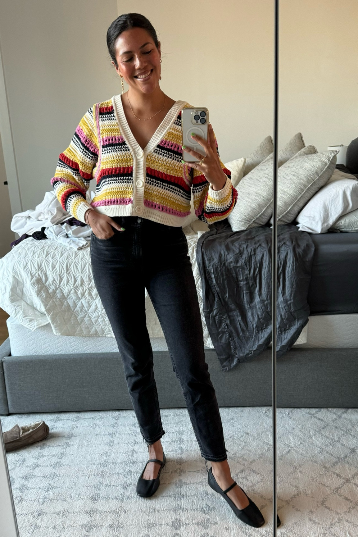 Early spring temps call for a light sweater in fun colors! Ba&sh striped cardigan (size 3) with Gap jeans (size 8L) and Madewell Mary Jane flats (size 11). Paired with Nakamol earrings and Alexandra Beth tennis bracelet  #LTKfindsunder100 #LTKstyletip

#LTKxMadewell