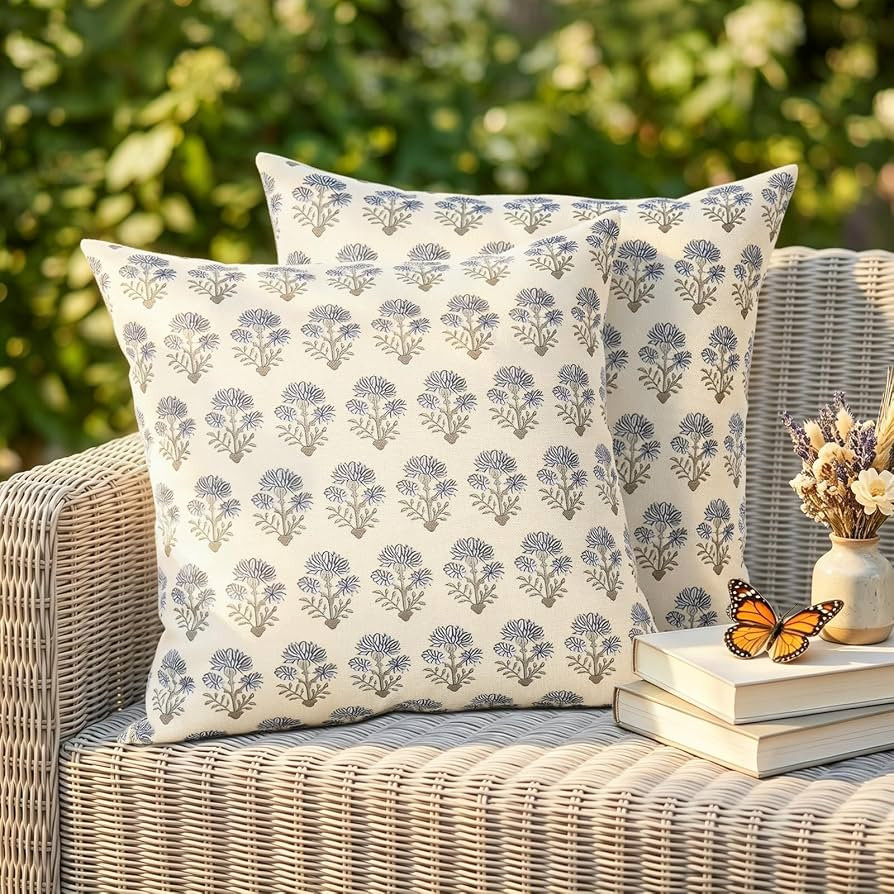 2 Packs Outdoor Waterproof Throw Pillow Covers 18x18 Spring Summer Blue Block Print Pillowcase Vi... | Amazon (CA)