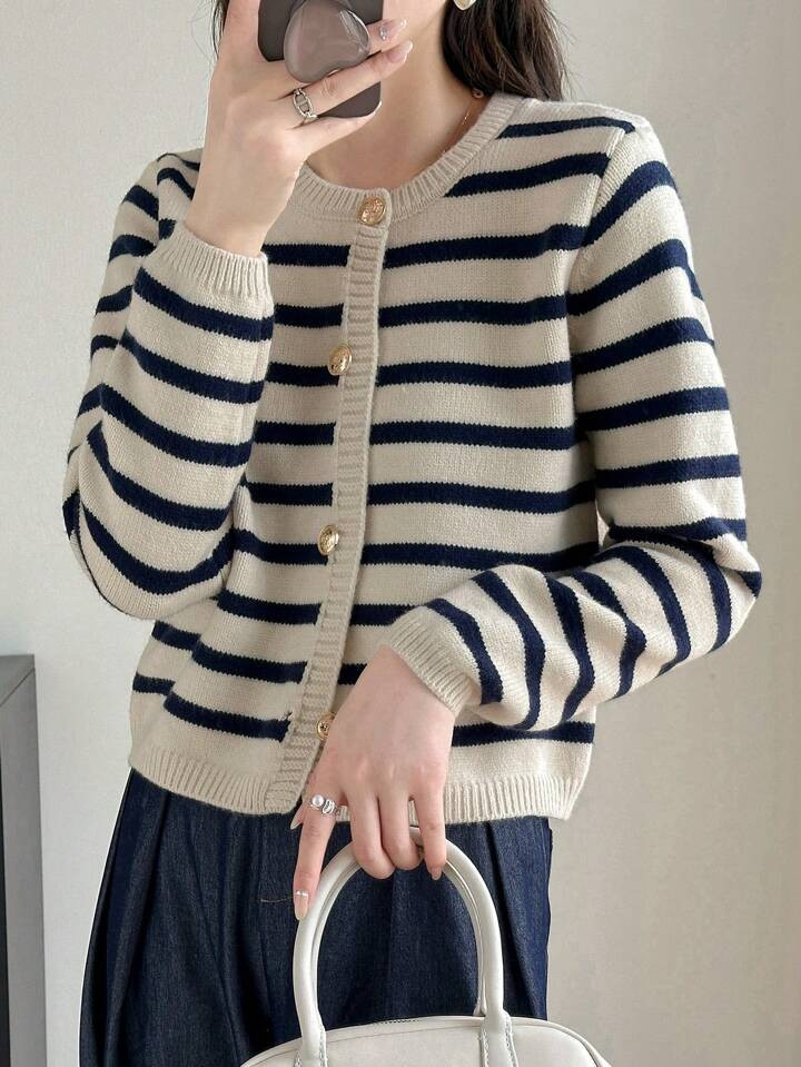 Striped Button Through Cardigan | SHEIN