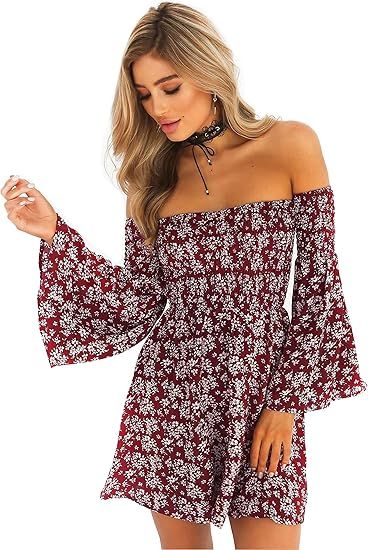 ONEYIM Women's Dress Summer Floral Long Sleeve Off Shoulder Casual Mini Dresses | Amazon (US)