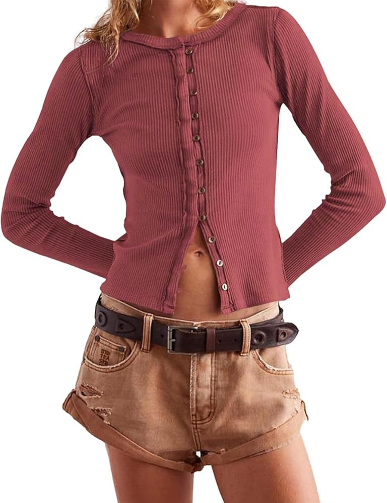 Womens Slim Fitted Cardigan Long Sleeve Y2K Ribbed Tops Button Down Shirts | Amazon (US)
