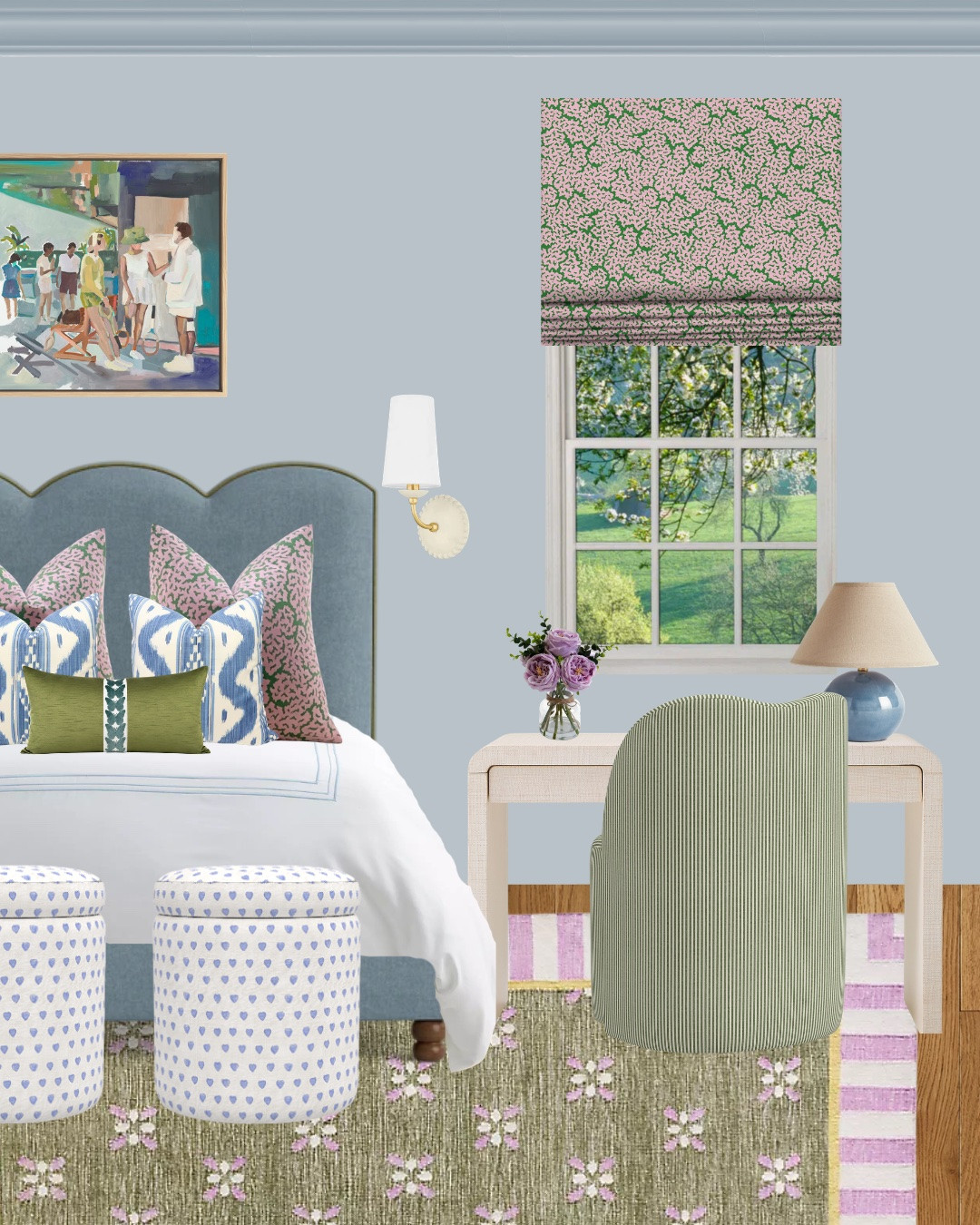 Layered color, playful pattern mixing and timeless details made this girls bedroom design feel collected and fun while still polished ✨ Soft blue walls, a scalloped upholstered bed, floral roman shade, striped desk chair, and sweet heart print ottomans create the perfect mix of whimsical and classic. I love how the lilac, blue and green palette keeps the space feeling fresh, cozy and designed to grow with her over time.

This girls bedroom design is full of ideas for anyone looking for colorful kids bedroom inspiration, girls room decor, layered bedroom styling, purple and blue bedroom ideas, floral and stripe pattern mixing, timeless girls room furniture, scalloped headboards, butterfly pillow, blue desk lamp, tennis art, purple and green rug, blue and white bedding, bedroom desk, green Roman shade, floral wall sconce, upholstered beds, roman shade inspiration and playful yet sophisticated kids spaces.

Girls bedroom ideas | colorful bedroom inspiration | kids room decor | layered interiors | purple and green bedroom | blue girls bedroom | classic kids room | whimsical interiors | preteen bedroom inspiration | feminine bedroom design | designer kids spaces

#LTKHome #LTKSaleAlert #LTKKids