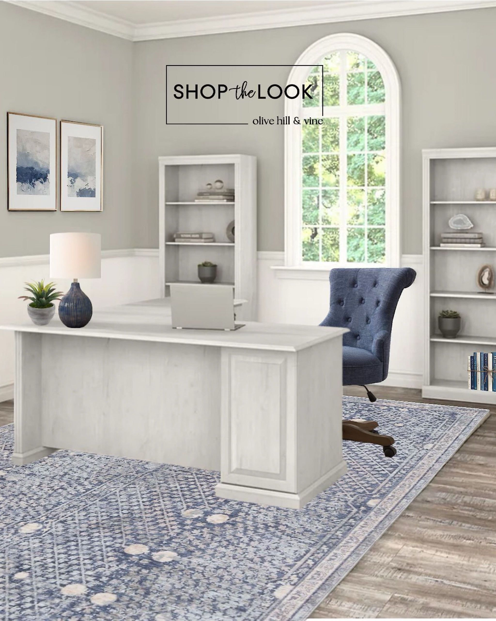 This office design combines modern style with functional flair. The L-shaped desk offers extra shelving for personalization, while the blue area rug and swivel chair add a pop of color. Complete the look with abstract prints, decorative books, and a faux succulent.

#LTKStyleTip #LTKFamily #LTKHome