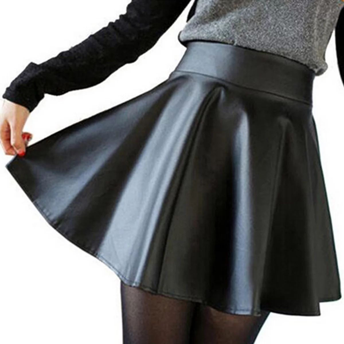 High Waist Skater Mini Skirt PU Leather Plain Flared Pleated XS S M L | Walmart (US)