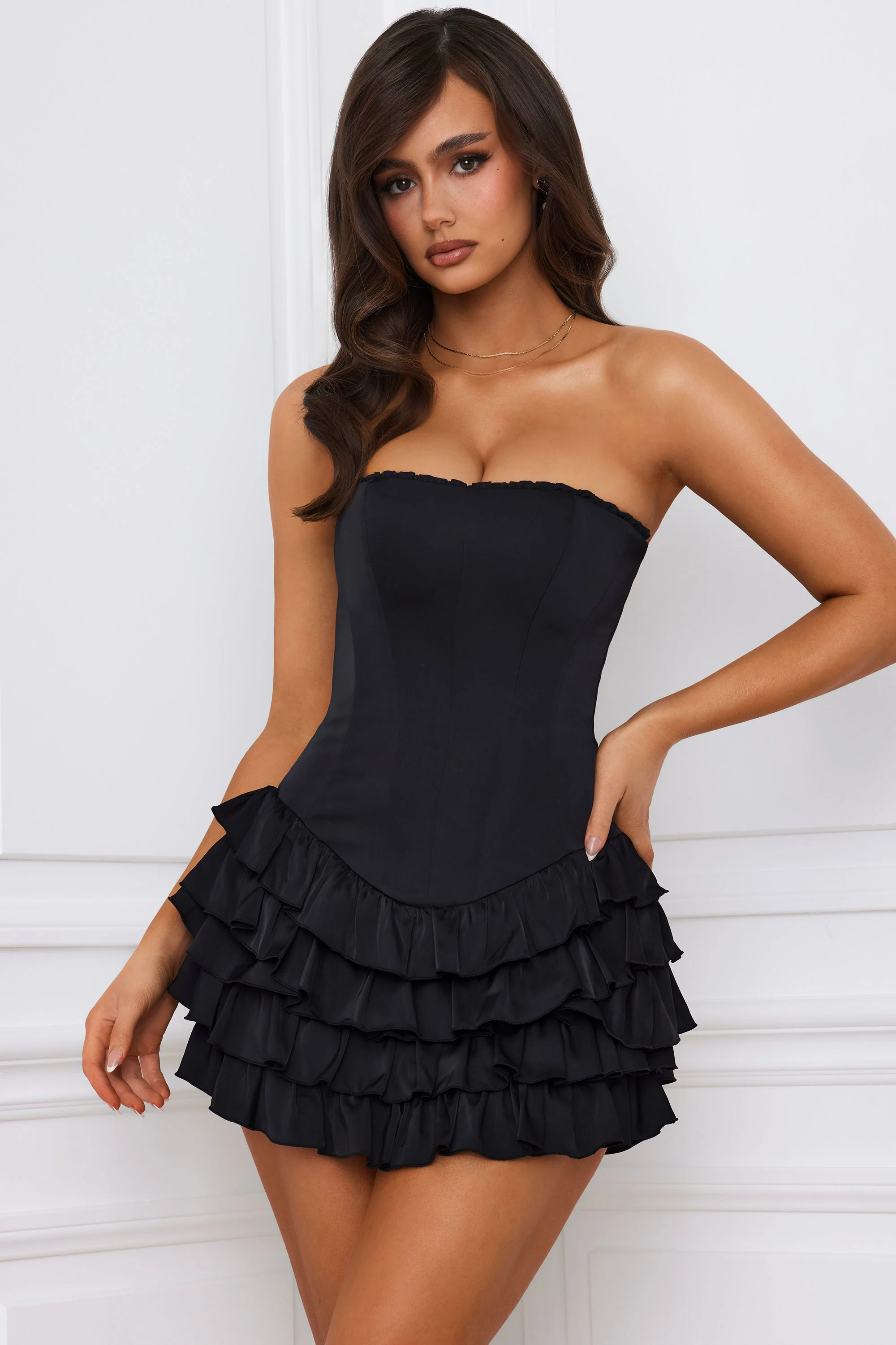 Bandeau Ruffled Tiered Corset Mini Dress in Black | Oh Polly