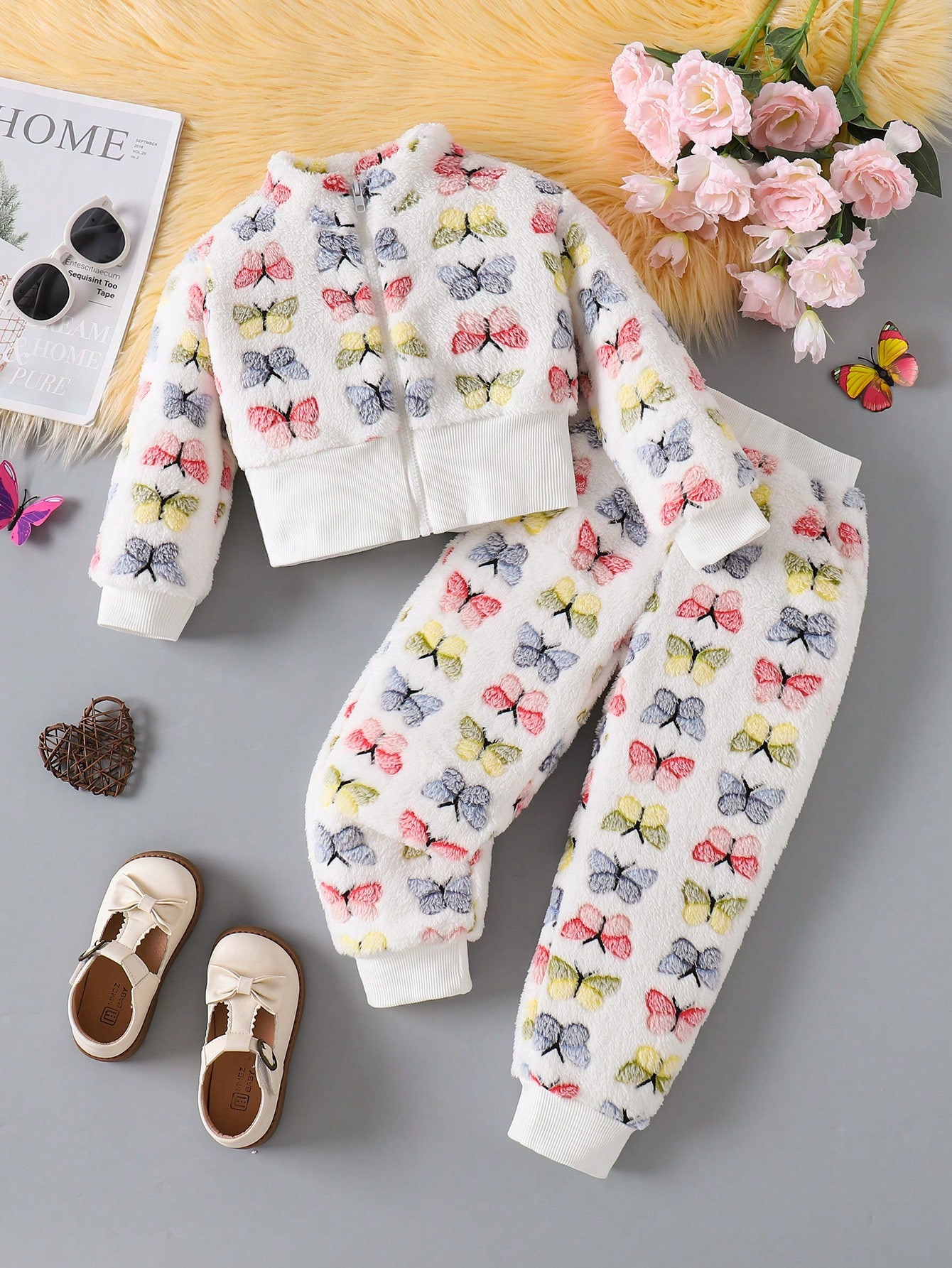 Trends2pcs Girls Fashion & Elegant Butterfly Pattern Warm Fuzzy Jacket And Pants Set, Autumn/Wint... | SHEIN