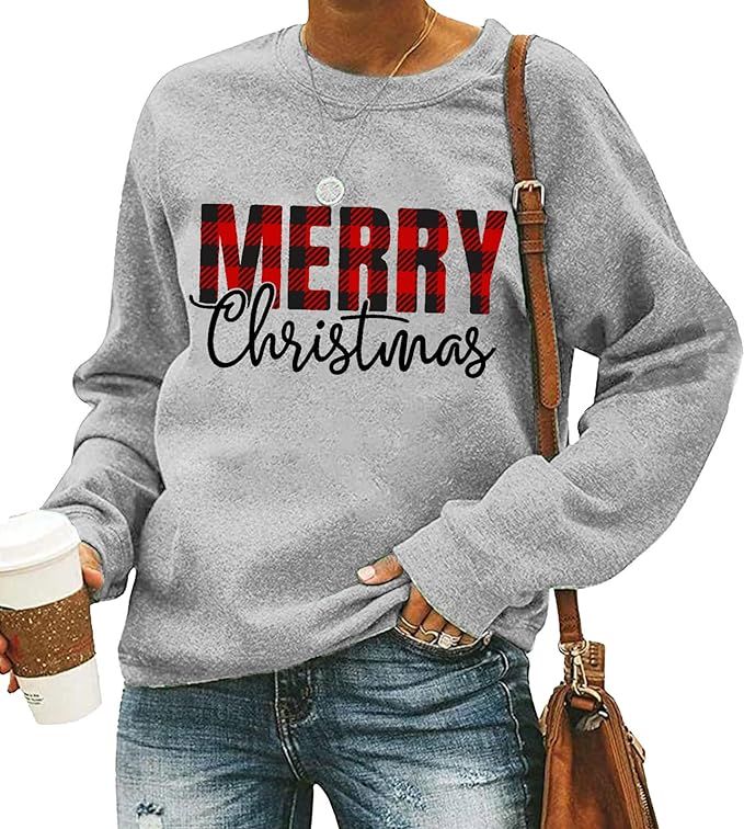 Christmas Sweatshirts for Women Merry Christmas Plaid Pullover Sweatshirts Holiday Vacation Graph... | Amazon (US)