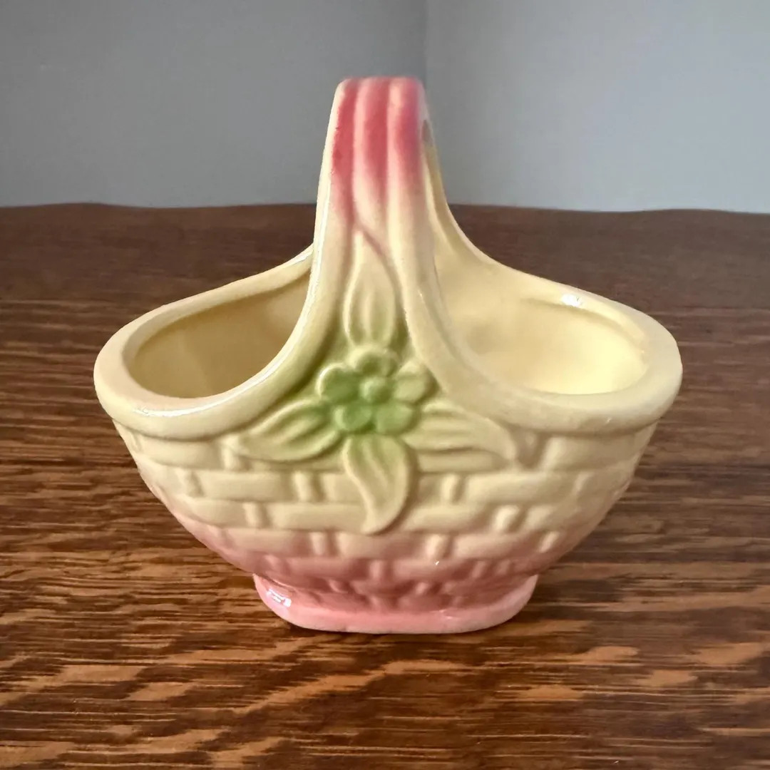 Vintage Ceramic Basket Planter Vase Pastel Pink Yellow Green Glazed Pottery Basket with Handle Co... | Etsy (US)