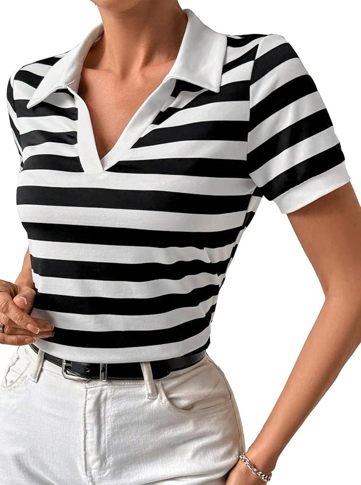 LilyCoco Womens Striped Shirt Fitted Collared Neck Short Sleeve T Shirt | Amazon (US)