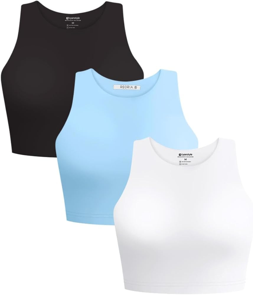 Cyanstyle Women's 3 Piece Tank Tops Sleeveless Halter Neck Raceback Double Lined Basic Tank Crop ... | Amazon (US)