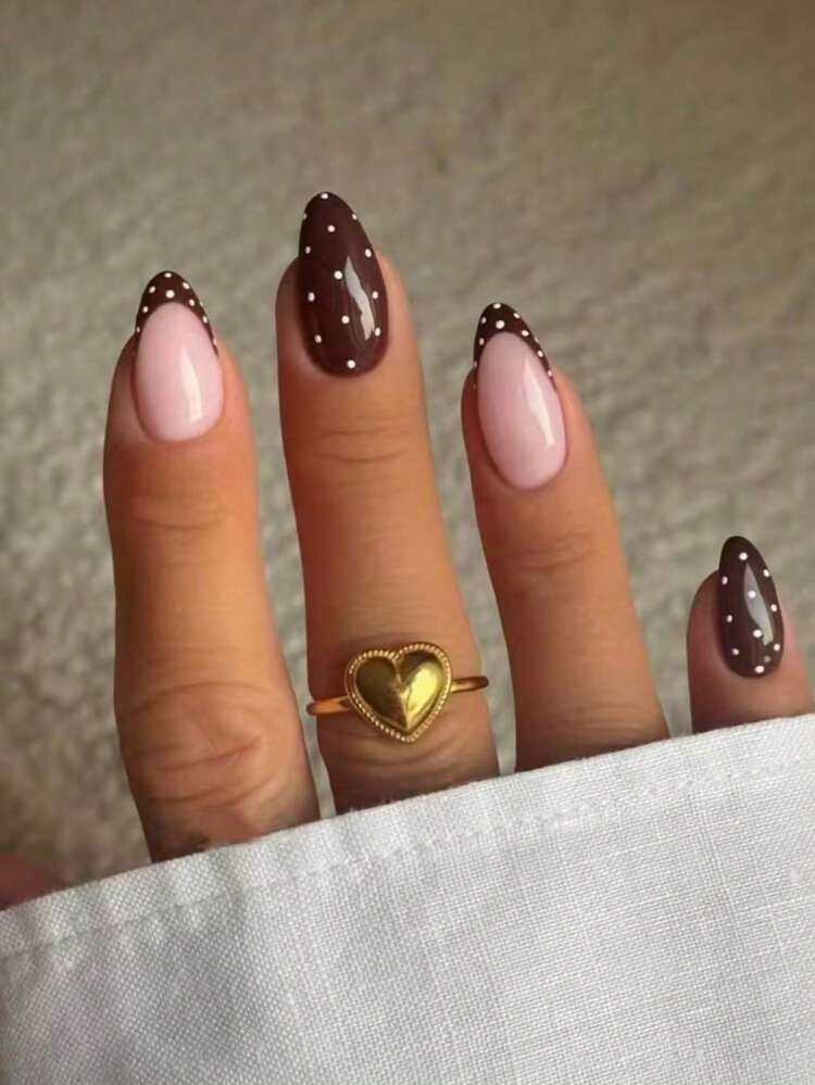 10pcs Handmade Almond Color Ombre Brown Polka Dot Cute Minimalist Chic False Nails | SHEIN