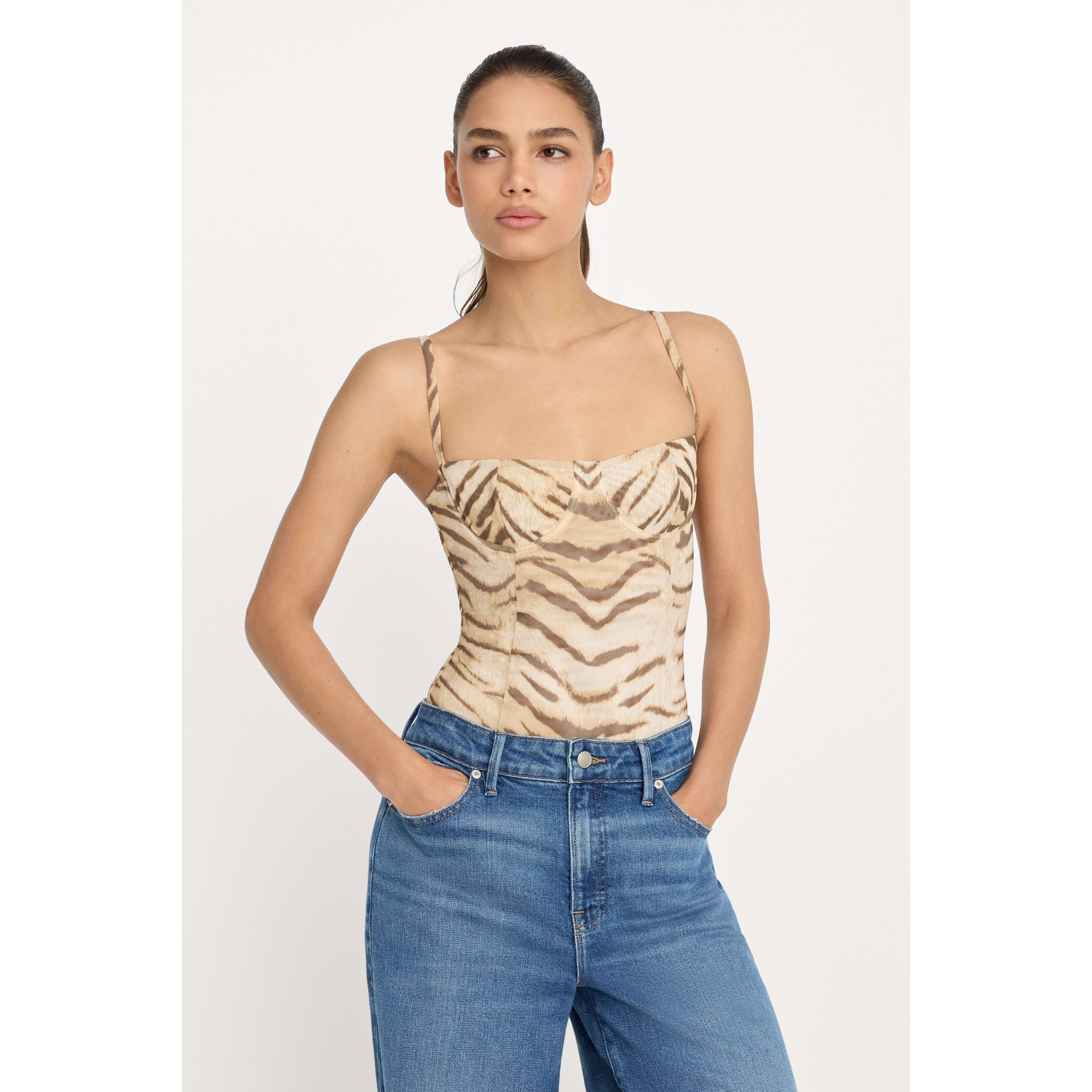 Women's Mesh Bustier Bodysuit | Brown Tiger, Size XL | Good American by Khlo� Kardashian | Good American