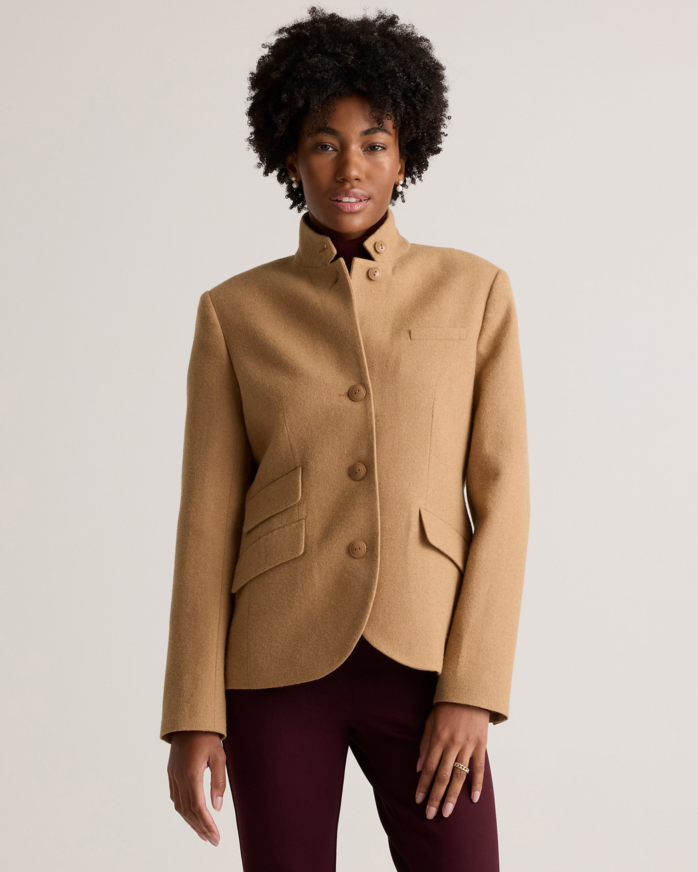 Quince | Women's Italian Wool Stand Collar Blazer in Warm Camel, Size Medium | Quince