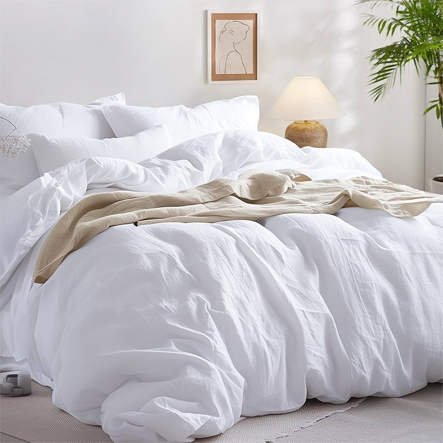 Bedsure 100% Washed Cotton Duvet Cover King - Bright White Minimalist Duvet Cover Linen Like - 3 ... | Amazon (US)