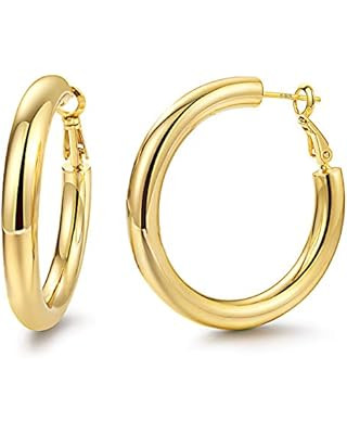 PAVOI 14K Gold Colored Lightweight Chunky Open Hoops | Gold Hoop Earrings for Women | Amazon (US)