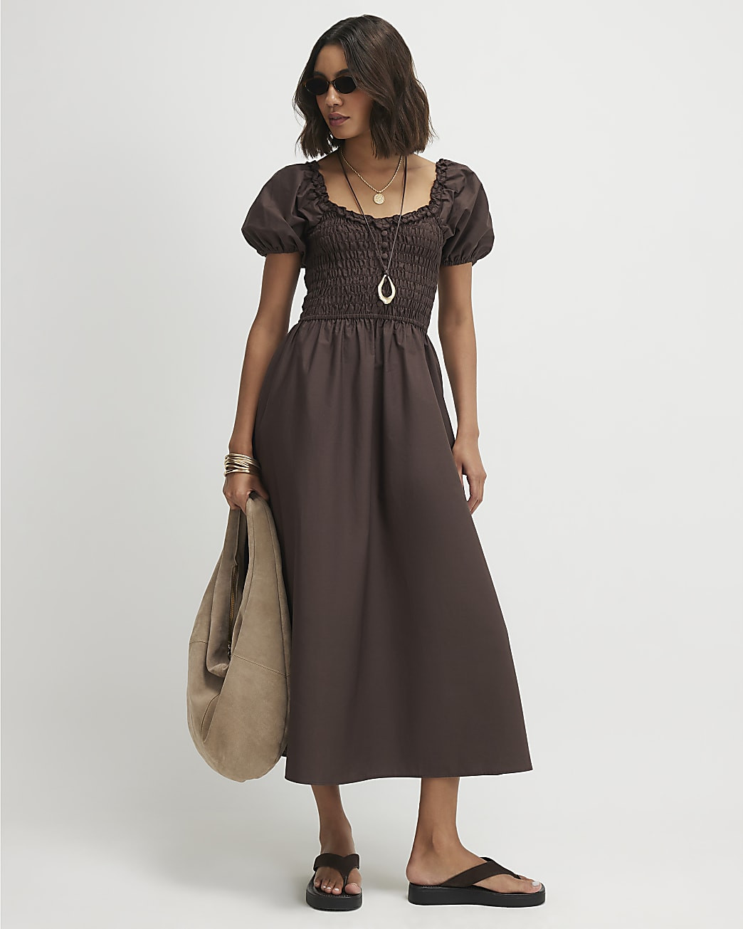 Brown Cotton Shirred Midi dress | River Island UK & IE