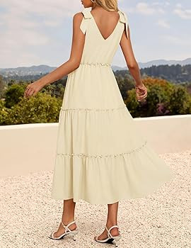 ZESICA Women's 2025 Summer Boho Casual V Neck Sleeveless Midi Dresses Tie Shoulder Flowy Tiered A... | Amazon (US)