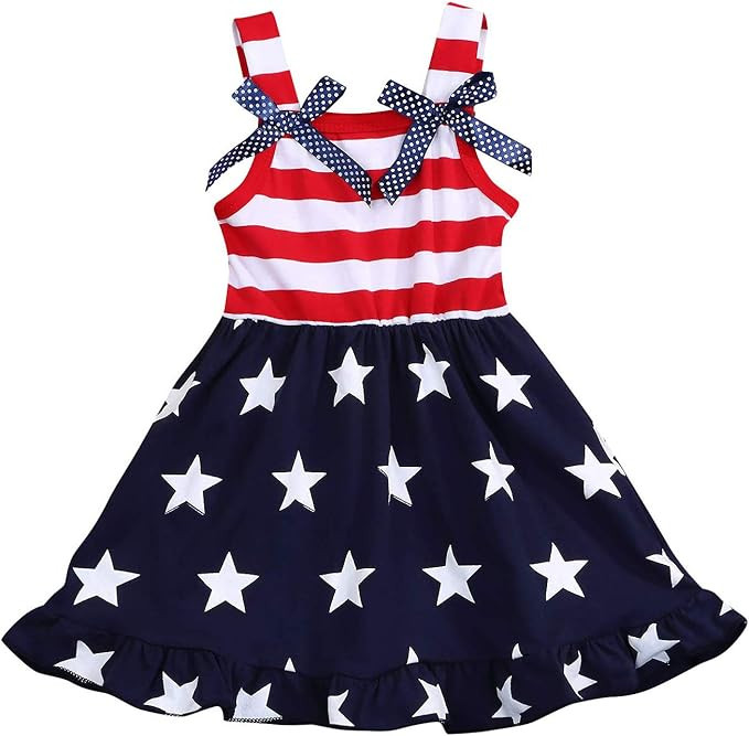 Toddler Kids Baby Girls 4th of July Outfit Straps Bowknot Stars Striped Dress Independence Day Cl... | Amazon (US)