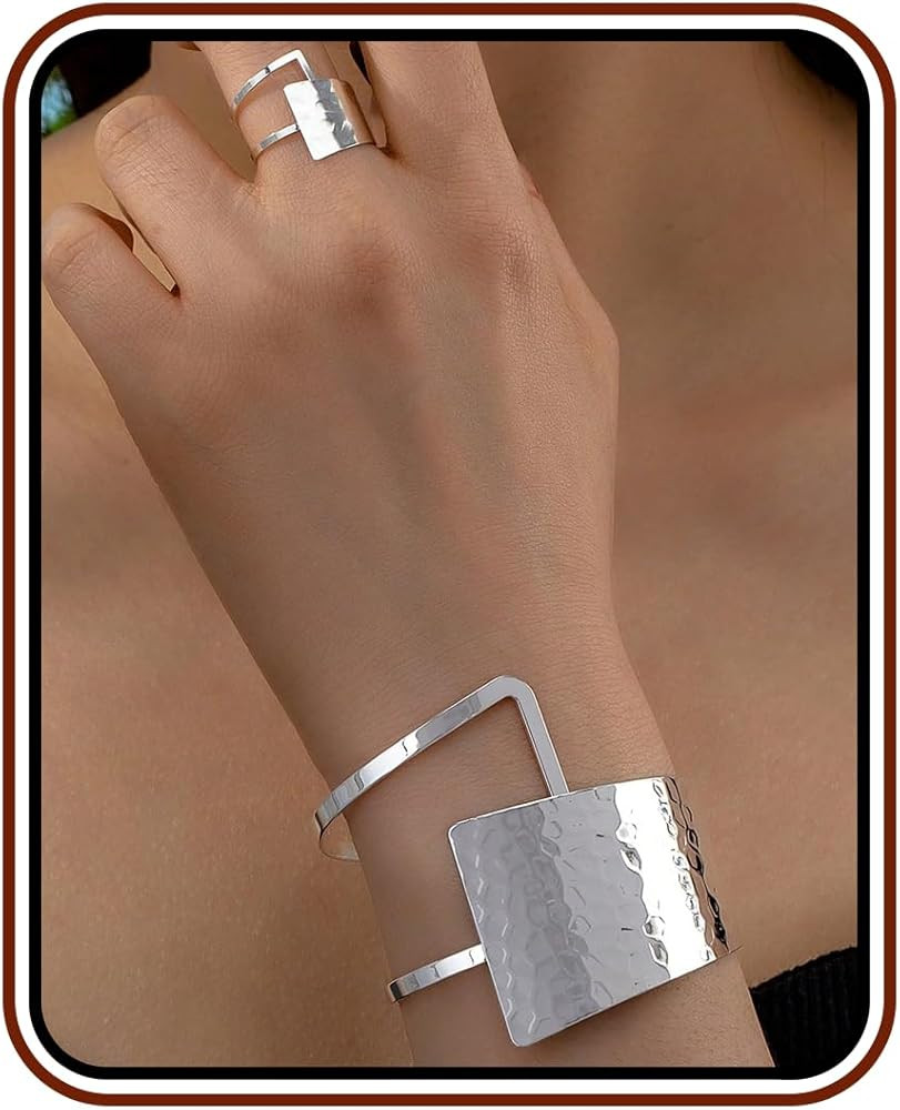 Amazon.com: JWIGP Asymmetrical Geometric Bracelet Ring Set for Women \u2013 Hammered Metal Open C... | Amazon (US)