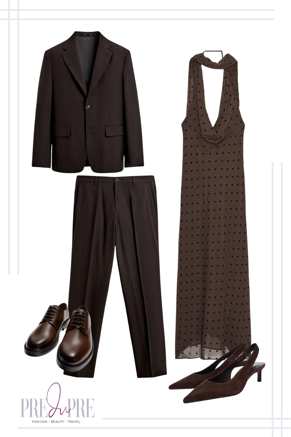 Ready to turn heads at your next fall or winter wedding? I've put together the ultimate coordinated couple's look that is chic, sophisticated, and perfectly suited for a formal event. For the gentleman, a classic chocolate brown suit is a modern alternative to black, paired with polished dress shoes. For the lady, a stunning polka dot cowl-neck dress in complementary deep brown is both elegant and effortless. This ensemble proves that coordinating doesn't mean matching! All pieces are linked right here for easy shopping, so you can make an informed choice for your next event and step out in style.

#weddingguestlook #couplesstyle #fallwedding #winterwedding #formalwear #brownsuit #cowlneckdress #fallfashion #datenightoutfit #preduprestyle 

 #LTKSeasonal #LTKParties #LTKWedding