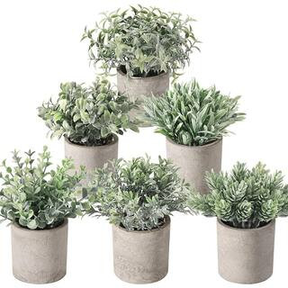 Cubilan 5 in. H Mini Potted Fake Plants Grey Artificial Plastic Eucalyptus Plants, 6 PCS | The Home Depot