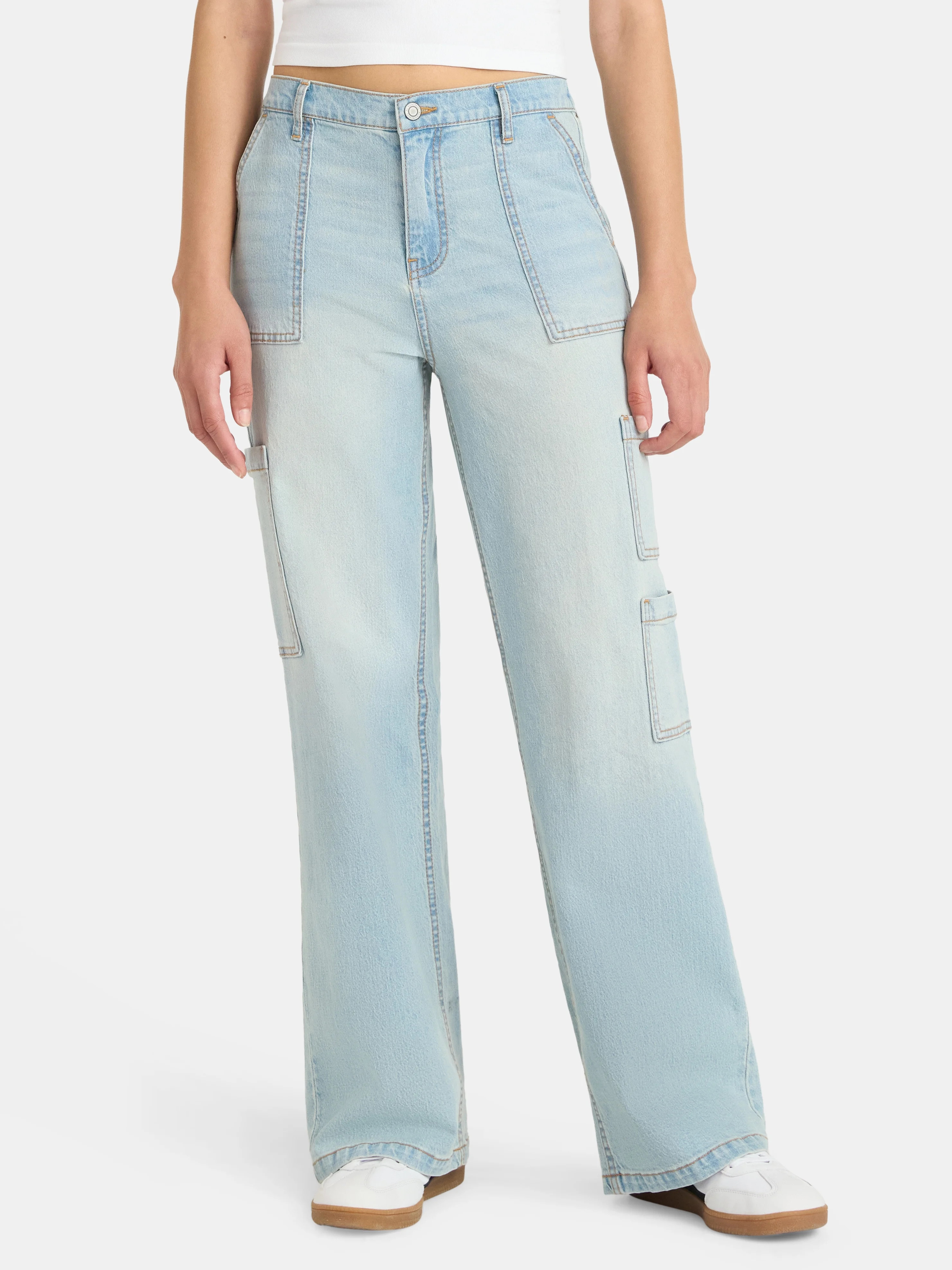 No Boundaries Cargo Wide Leg Jeans, 31" Inseam, Women's | Walmart (US)