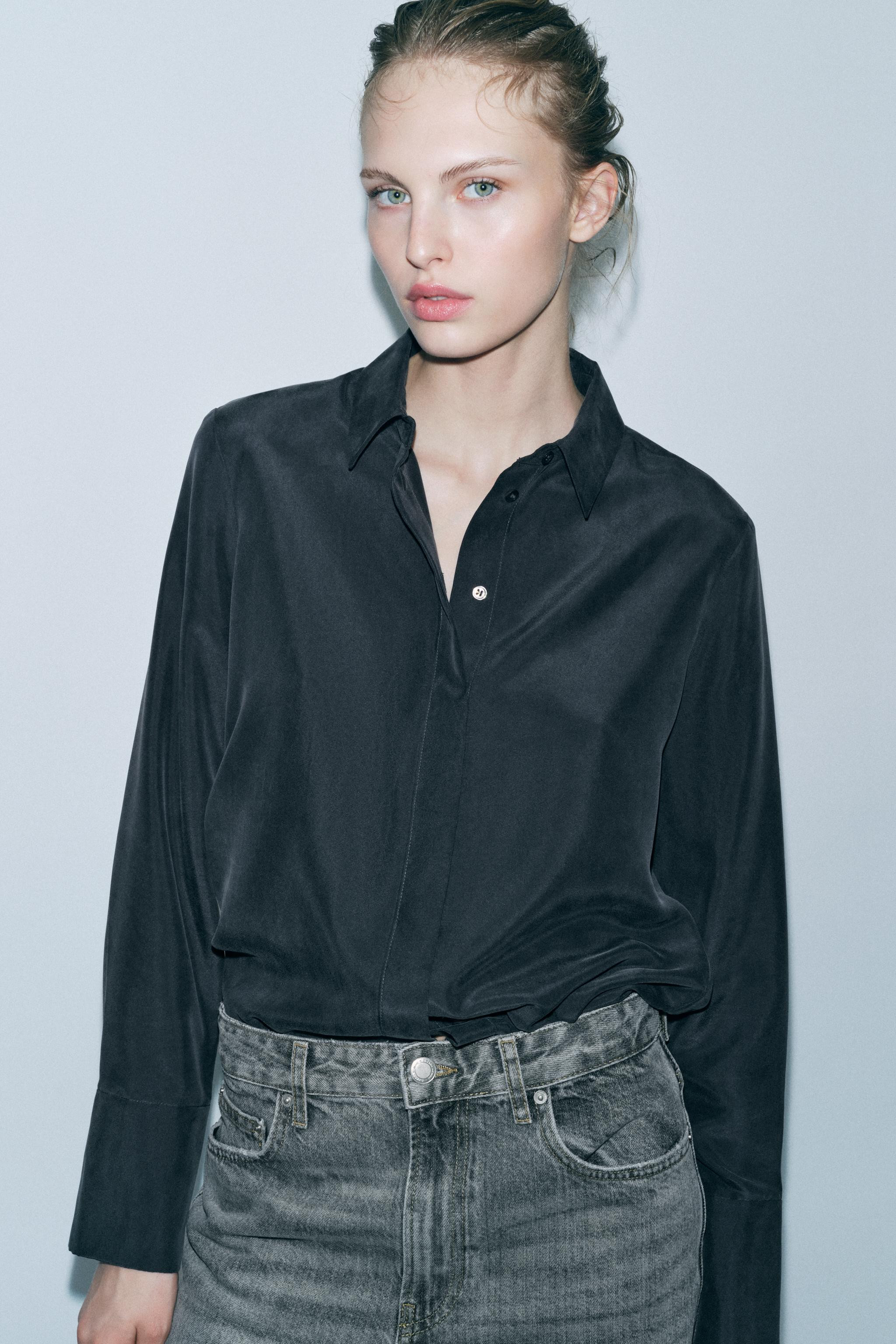 ZARA WOMAN COLLECTIONShirt made of 100% silk yarn. Lapel collar and long sleeves with pleated cuf... | Zara US