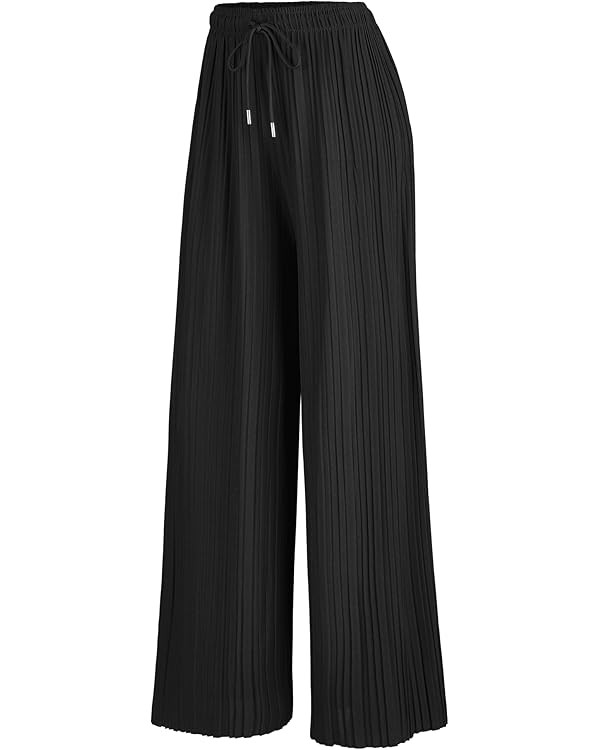 Lock and Love Womens Pleated Wide Leg Palazzo Maxi Pants with Drawstring or Elastic Band | Amazon (US)