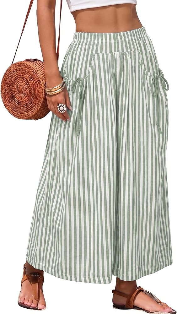 Athlisan Womens Striped Wide Leg Palazzo Pants Baggy Elastic Waist Lounge Trousers Beach Vacation... | Amazon (US)