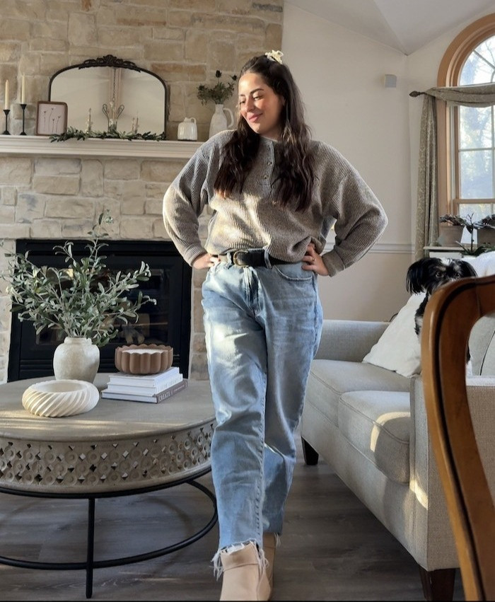 easy outfits that make you feel put together 🤍
this has been on repeat lately, comfy oversized jeans, neutral cozy henley tops, and platform uggs make it work for real life. denim on huge sale now. linked here xo 

 #LTKootd #LTKmomlife #LTKSaleAlert