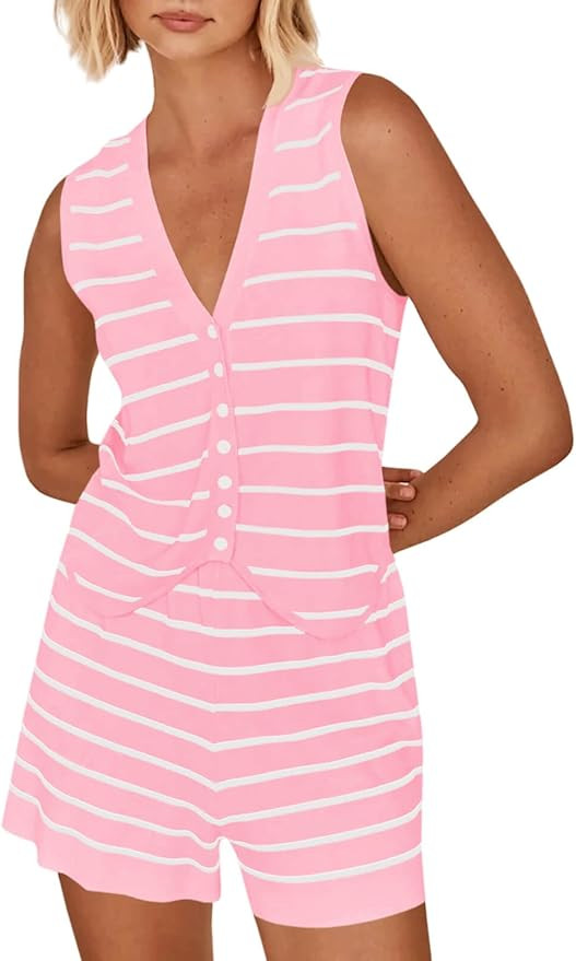 Imily Bela Womens 2 Piece Outfits Summer Striped Casual Lounge Sets Knit Sleeveless V Neck Tops S... | Amazon (US)