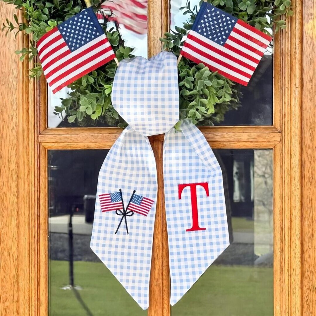 Embroidered Patriotic Wreath Sash, Gingham 4th of July Wreath Tie, American Flag Monogrammed Door... | Etsy (US)