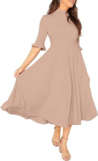 Verdusa Women's Elegant Ribbed Knit Bell Sleeve Fit and Flare Midi Dress | Amazon (US)